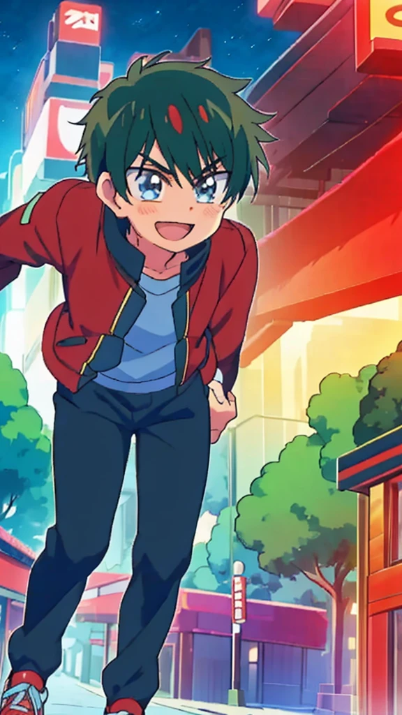 Maxwell Shifuto, age boy, straight green hair, blue eyes, red t-shirt, black jacket, black jeans, blue and white sports shoes, smile, handsome, background in the city of Tokyo at night when the wild motorbike race starts.