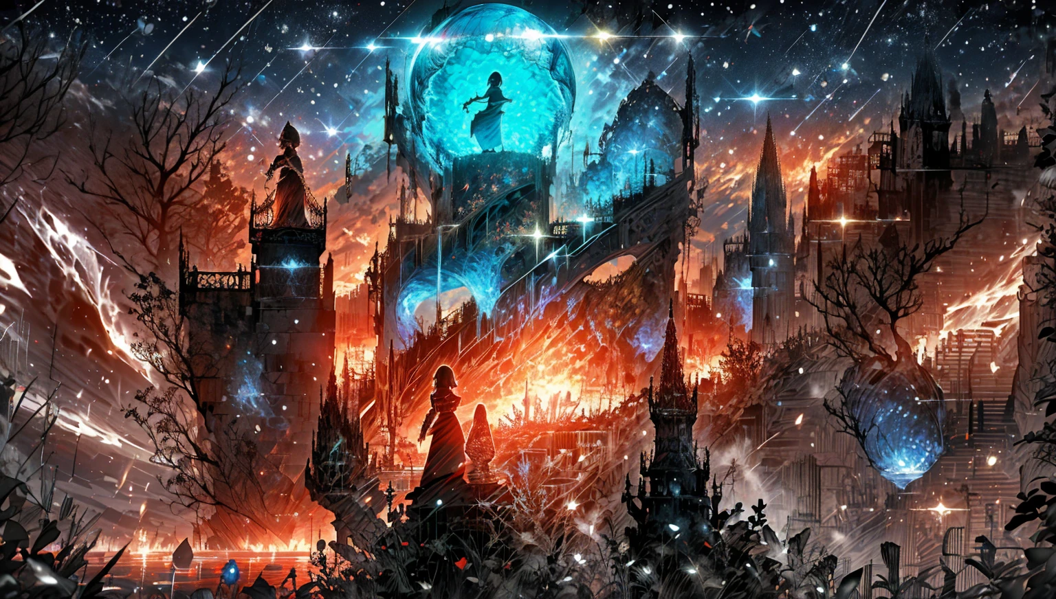A close-up view of a lively Vistani camp by Tser Lake from the Curse of Strahd. The scene shows Vistani people gathered closely around a warm, flickering campfire. Some are animatedly telling stories with expressive gestures, while others play guitars and various musical instruments. The colorful, ornate wagons are visible in the background. The atmosphere is vibrant and welcoming, filled with laughter and music. Shadows cast by the firelight create an enchanting and communal ambiance, with the dark, mysterious lake and dense forest softly illuminated in the background.