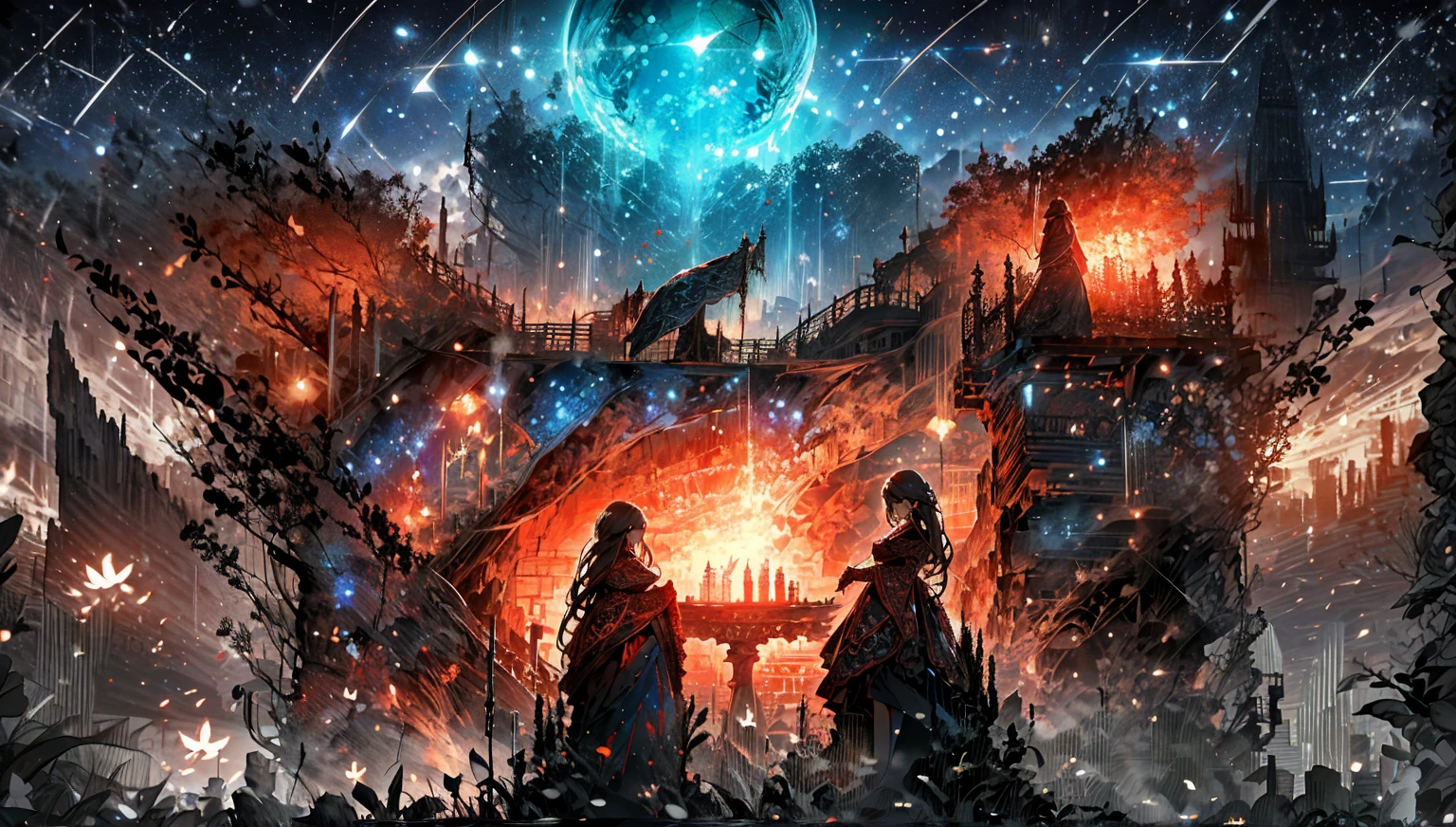 A close-up view of a lively Vistani camp by Tser Lake from the Curse of Strahd. The scene shows Vistani people gathered closely around a warm, flickering campfire. Some are animatedly telling stories with expressive gestures, while others play guitars and various musical instruments. The colorful, ornate wagons are visible in the background. The atmosphere is vibrant and welcoming, filled with laughter and music. Shadows cast by the firelight create an enchanting and communal ambiance, with the dark, mysterious lake and dense forest softly illuminated in the background.