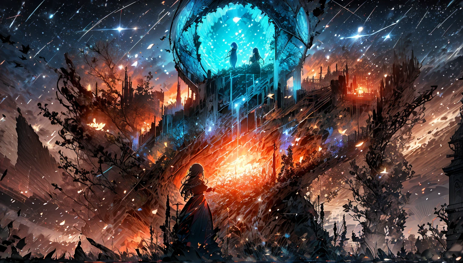 A close-up view of a lively Vistani camp by Tser Lake from the Curse of Strahd. The scene shows Vistani people gathered closely around a warm, flickering campfire. Some are animatedly telling stories with expressive gestures, while others play guitars and various musical instruments. The colorful, ornate wagons are visible in the background. The atmosphere is vibrant and welcoming, filled with laughter and music. Shadows cast by the firelight create an enchanting and communal ambiance, with the dark, mysterious lake and dense forest softly illuminated in the background.