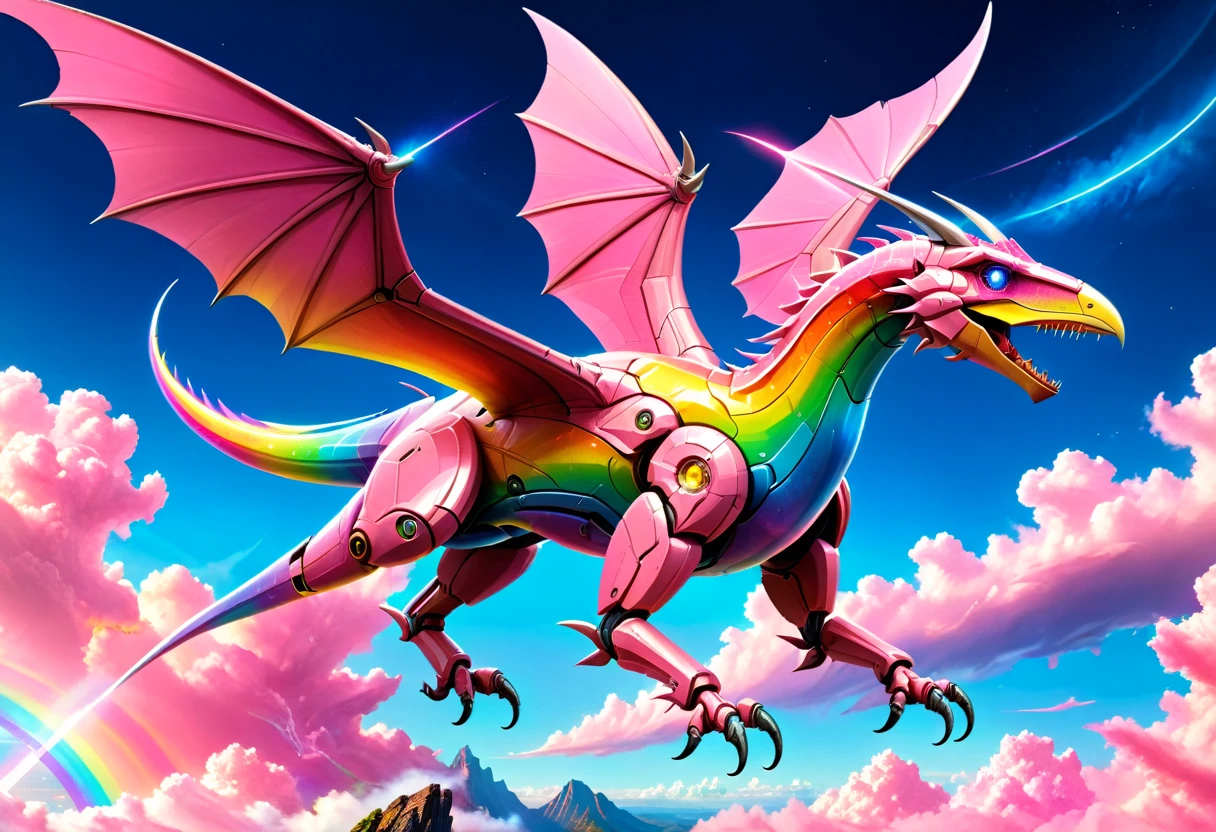 a National Geographic, an award winning picture of a (pink mech Pterosaur: 1.3) flying in the sky near a rainbow, dynamic sky background, (masterpiece: 1.4) intense details, highly detailed, photorealistic, best quality, highres,16k, [ultra detailed], masterpiece, best quality, (extremely detailed), ultra wide shot, photorealistic, RAW, realistic art,((best quality)), ((masterpiece)), (detailed: 1.5) ral-czmcrnbw, Mechanical Creatures