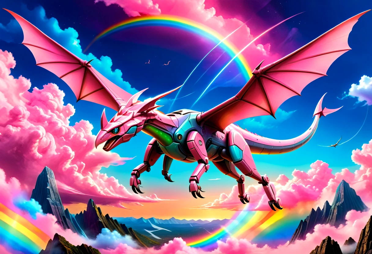 a National Geographic, an award winning picture of a (pink mech Pterosaur: 1.3) flying in the sky near a rainbow, dynamic sky background, (masterpiece: 1.4) intense details, highly detailed, photorealistic, best quality, highres,16k, [ultra detailed], masterpiece, best quality, (extremely detailed), ultra wide shot, photorealistic, RAW, realistic art,((best quality)), ((masterpiece)), (detailed: 1.5) ral-czmcrnbw, Mechanical Creatures