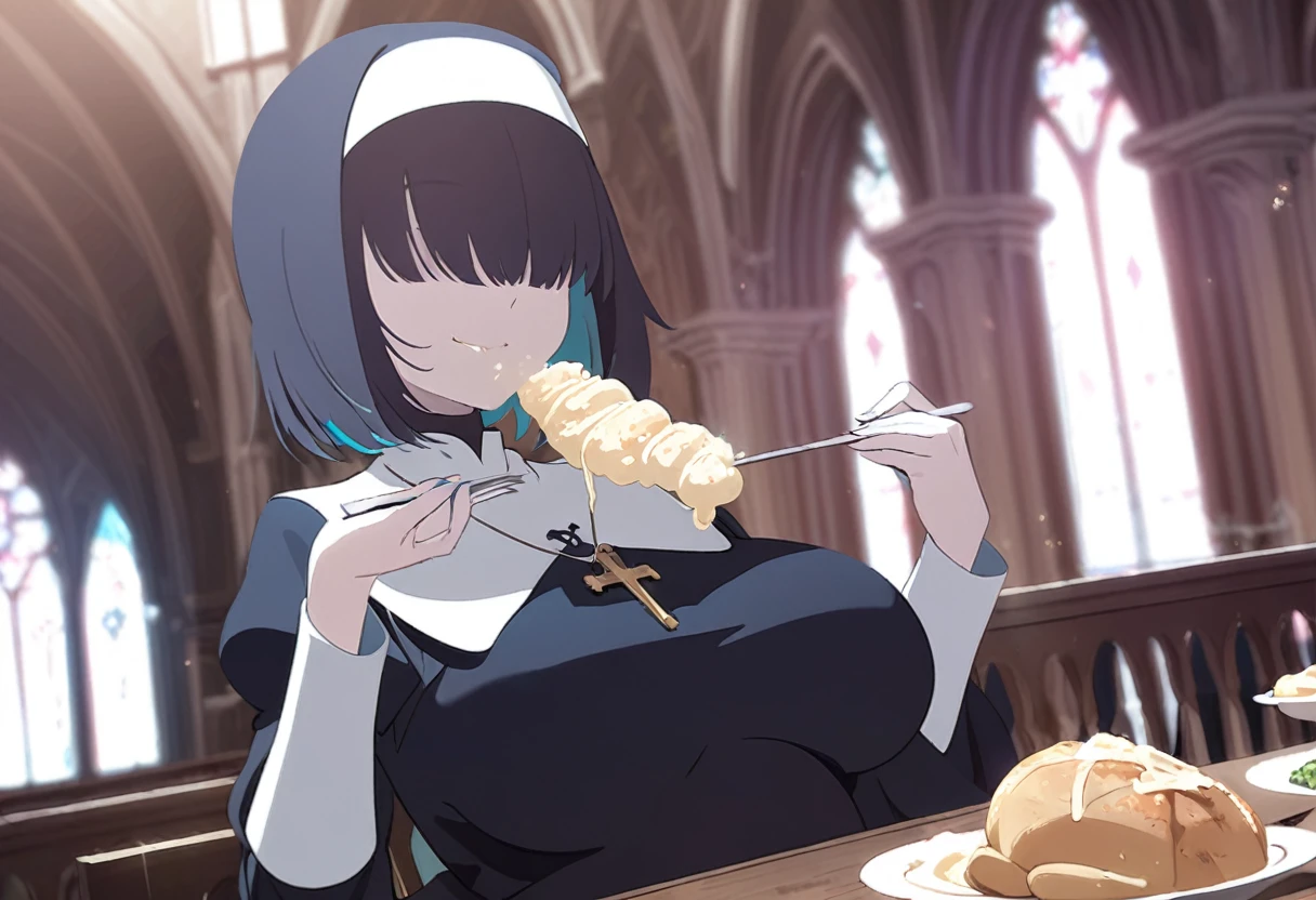 1girl, nun, cross, cross necklacke, jewelry, (black hair), (turquoise bangs), very short hair, hair over eyes, pale skin, medium breasts, turquoise eyes, black dress, church, smile, huge belly, eating meal, table, dirty belly, belly on table, (masterpiece), best quality, anime style
