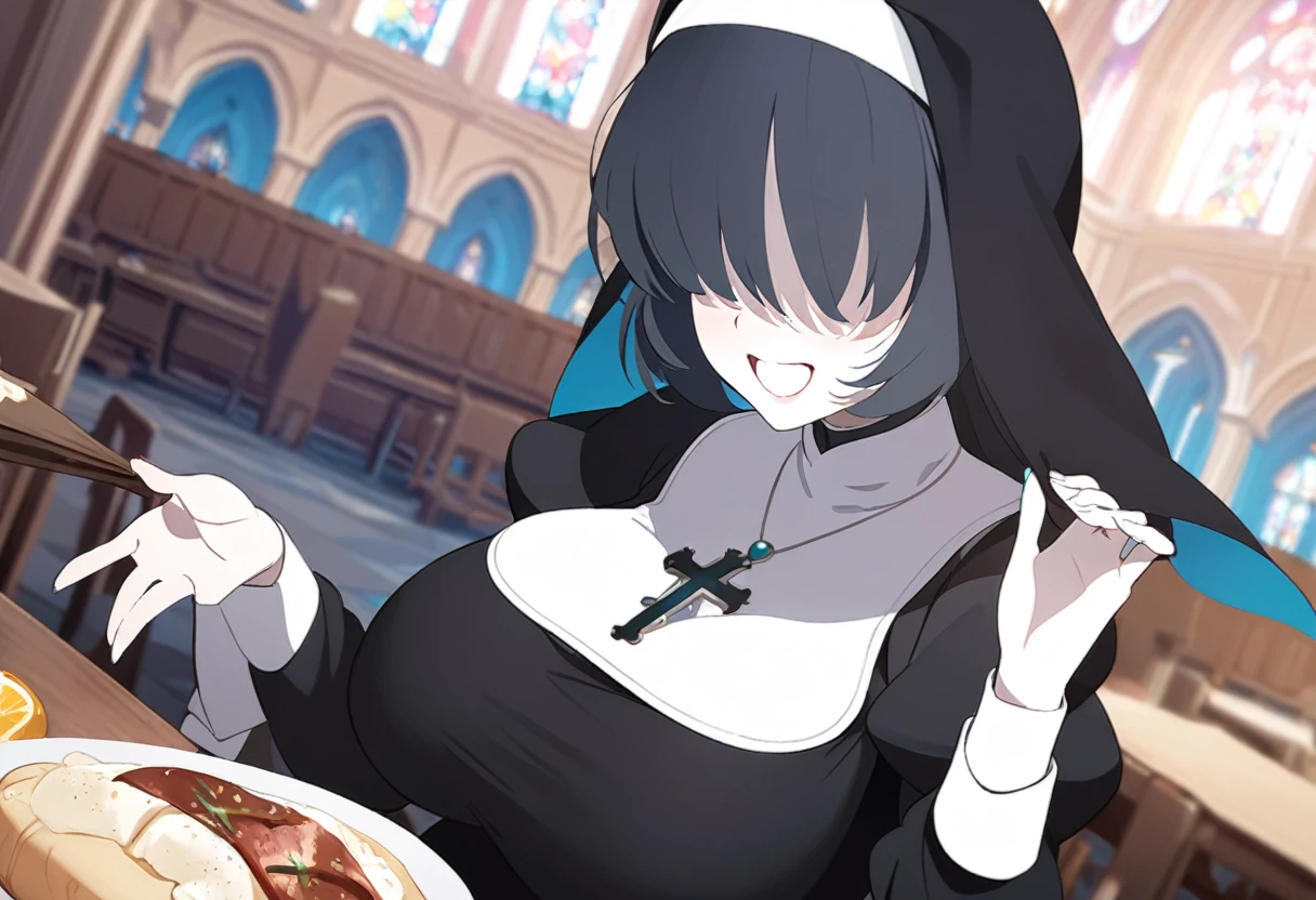 1girl, nun, cross, cross necklacke, jewelry, (black hair), (turquoise bangs), very short hair, hair over eyes, pale skin, medium breasts, turquoise eyes, black dress, church, smile, huge belly, eating meal, table, dirty belly, belly on table, (masterpiece), best quality, anime style
