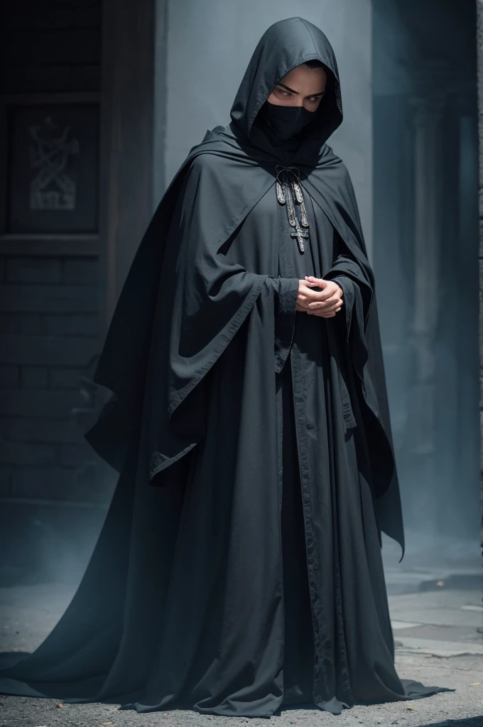 figure wrapped in a dark cloak, with a hood that partially covers the face, leaving only the eyes visible, shining with an enigmatic tone. The figure has to be in a pose partially hidden in the shadows, with subtle details of smoke or mist around, intensifying the air of mystery. include elements such as arcane symbols or runes discreetly embedded in clothing to suggest occult knowledge.
