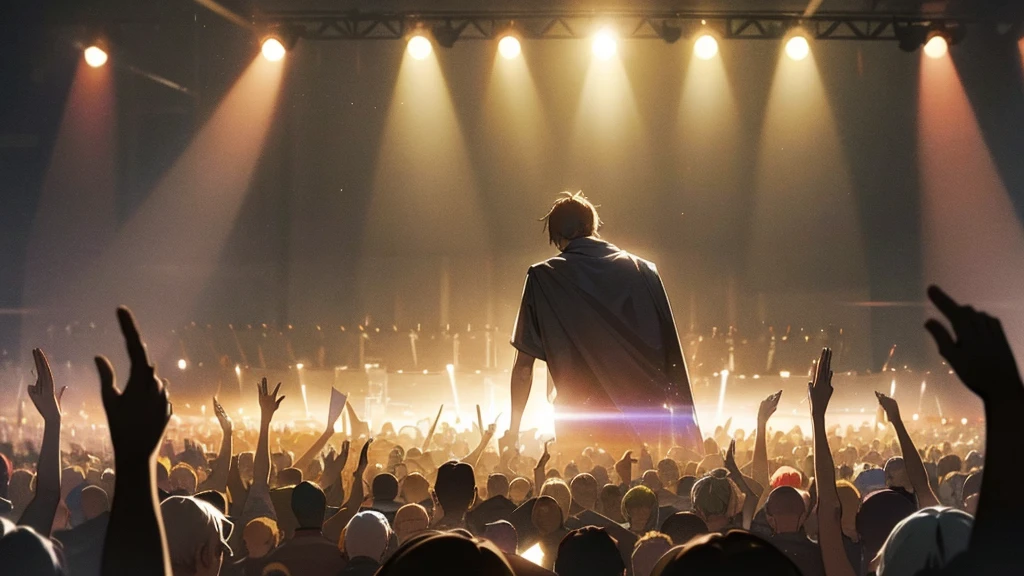 An atmospheric image of a music concert audience with silhouettes of fans and misty stage lights in the background, creating a dreamy and ethereal atmosphere