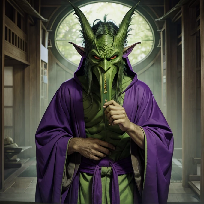 A human monster, tall, green skin, long nose, bat wing, purple long robe, tengu mask, head wear, robe covers the mouth, covered mouth, Japanese goblin mask,