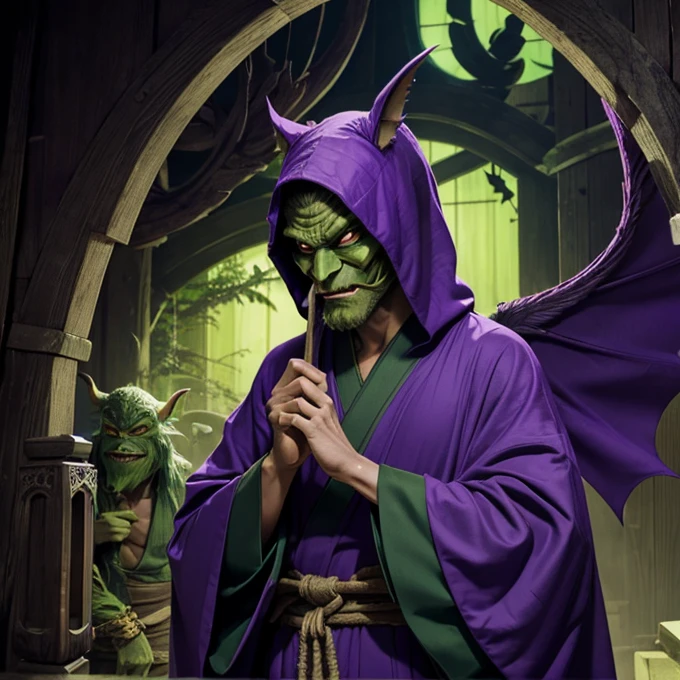 A human monster, tall, green skin, long nose, bat wing, purple long robe, tengu mask, head wear, robe covers the mouth, covered mouth, Japanese goblin mask,