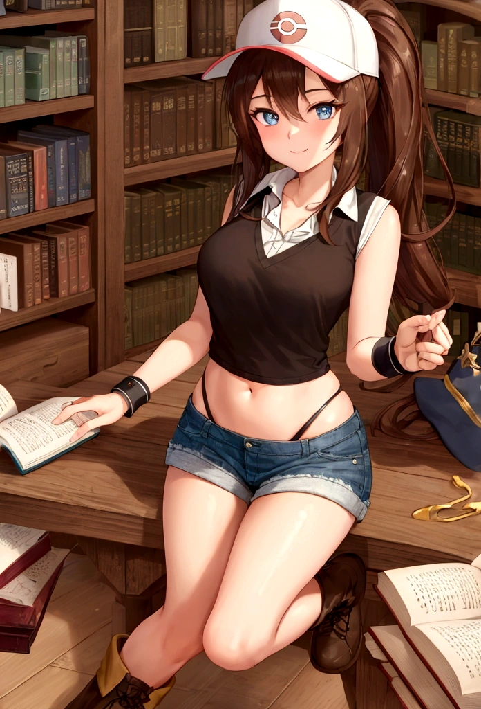 ((Best Quality)), ((Very detailed)), Masterpiece, absurdities, (detailed eyes, deep eyes), (1 girl), Perspective control, dynamic pose, whole body, pokemon trainer Hilda, Brown hair, wide, Side locks, high ponytail, nude, Blue eyes, Wide hips, smiling, has, baseball cap, black vest, sleeveless shirt, White shirt, wristband, denim shorts, Short shorts, Boots, (inside, in a library, librarian, Bookcases)