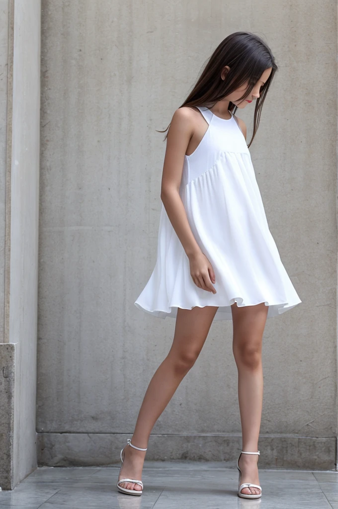 A girl,full body,alone,who is wearing a white dress that is transparent, he doesn&#39;t have underwear,she looks shy