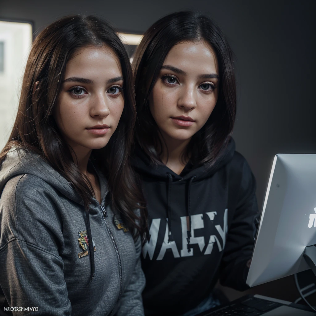 a very beautiful girl sitting at a computer, detailed portrait of the girl's face with beautiful detailed eyes, beautiful detailed lips, extremely detailed eyes and face, long eyelashes, girl wearing a hoodie, dark purple-black room with lights, on the wall text "Мариша", girl's arms holding a dog, PUBG mobile game on computer screen, (best quality,4k,8k,highres,masterpiece:1.2),ultra-detailed,(realistic,photorealistic,photo-realistic:1.37),HDR,studio lighting,ultra-fine painting,sharp focus,physically-based rendering,extreme detail description,professional,vivid colors,bokeh,portrait