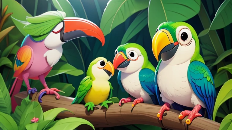 Pepe had many friends in the forest: Lilac the parrot, Tico the toucan and Rita the frog.
