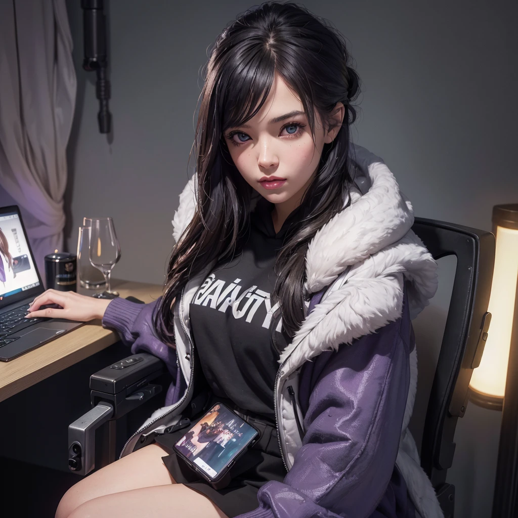 a very beautiful girl sitting at a computer, detailed portrait of the girl's face with beautiful detailed eyes, beautiful detailed lips, extremely detailed eyes and face, long eyelashes, girl wearing a hoodie, dark purple-black room with lights, on the wall text "Мариша", girl's arms holding a dog, PUBG mobile game on computer screen, (best quality,4k,8k,highres,masterpiece:1.2),ultra-detailed,(realistic,photorealistic,photo-realistic:1.37),HDR,studio lighting,ultra-fine painting,sharp focus,physically-based rendering,extreme detail description,professional,vivid colors,bokeh,portrait