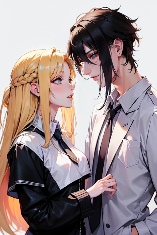 tall man,(man is taller than me woman) messy black-haired man wearing a , is a student, with his hands in his pockets. Man has green eyes., woman thin ,long blonde hair, woman has green eyes, cheerleader. best quality, adorable, ultra-detailed, illustration, complex, detailed, extremely detailed, detailed face, soft light, soft focus, perfect face. In love, illustration. two people, couple,