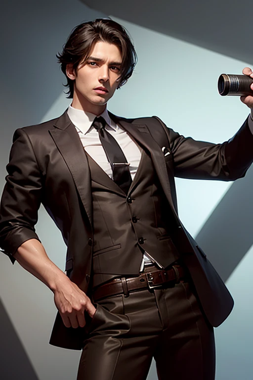 A hot man, wearing brown dress pants with a belt, dark hair with bangs, Scrawny, less than 30 years old, with a gun on his belt and a magnifying glass in his hand, He has the power to travel through time.