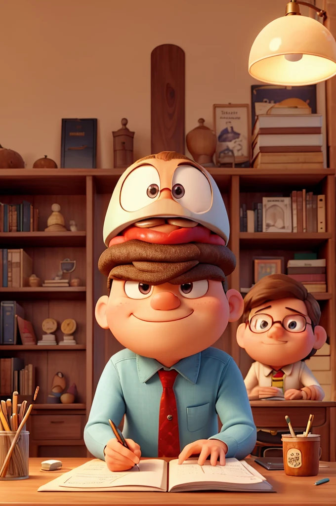 Create an image of a giant burger with human limbs, elegantly writing on a piece of paper with a quill and ink in a workshop. The giant burger should have a serious, focused expression. Surrounding it, there are many smaller burgers with human limbs, each one reading papers intently. The workshop should have a cozy, studious atmosphere, with wooden desks, shelves filled with books, and warm lighting.