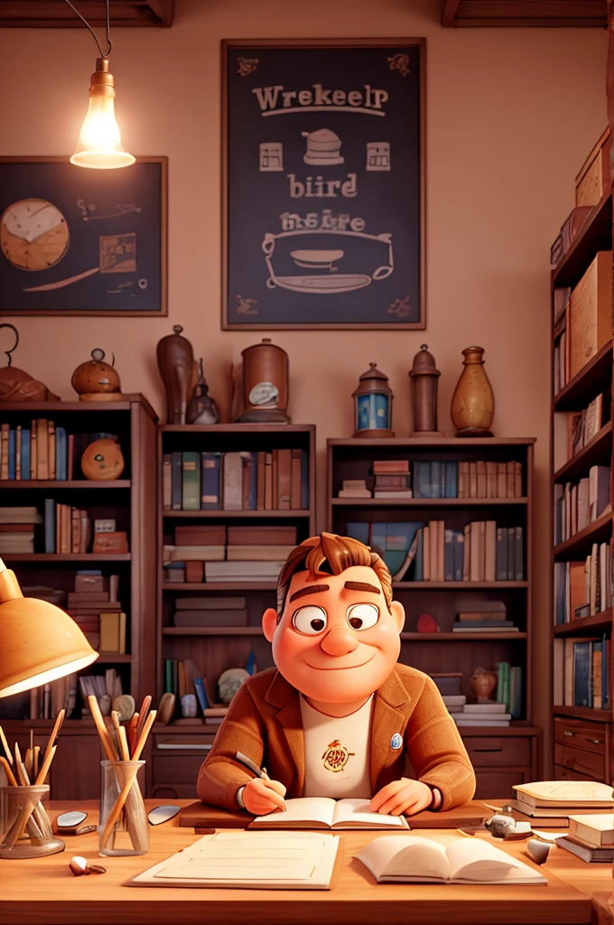 Create an image of a giant burger with human limbs, elegantly writing on a piece of paper with a quill and ink in a workshop. The giant burger should have a serious, focused expression. Surrounding it, there are many smaller burgers with human limbs, each one reading papers intently. The workshop should have a cozy, studious atmosphere, with wooden desks, shelves filled with books, and warm lighting.