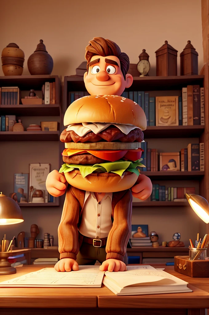 Create an image of a giant burger with human limbs, elegantly writing on a piece of paper with a quill and ink in a workshop. The giant burger should have a serious, focused expression. Surrounding it, there are many smaller burgers with human limbs, each one reading papers intently. The workshop should have a cozy, studious atmosphere, with wooden desks, shelves filled with books, and warm lighting.