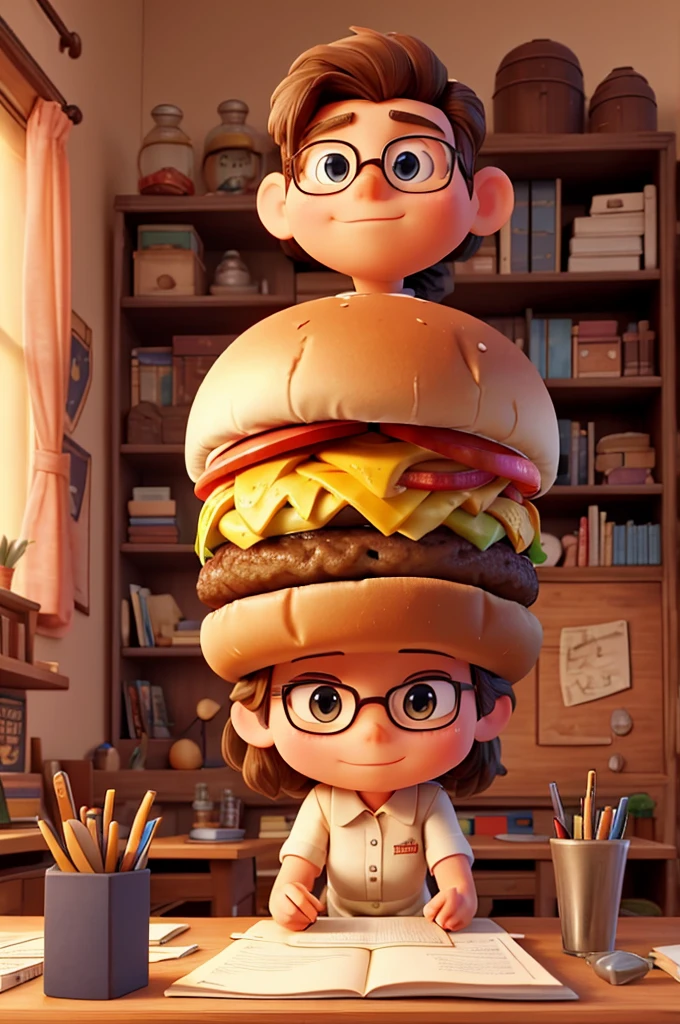 Create an image of a giant burger with human limbs, elegantly writing on a piece of paper with a quill and ink in a workshop. The giant burger should have a serious, focused expression. Surrounding it, there are many smaller burgers with human limbs, each one reading papers intently. The workshop should have a cozy, studious atmosphere, with wooden desks, shelves filled with books, and warm lighting.