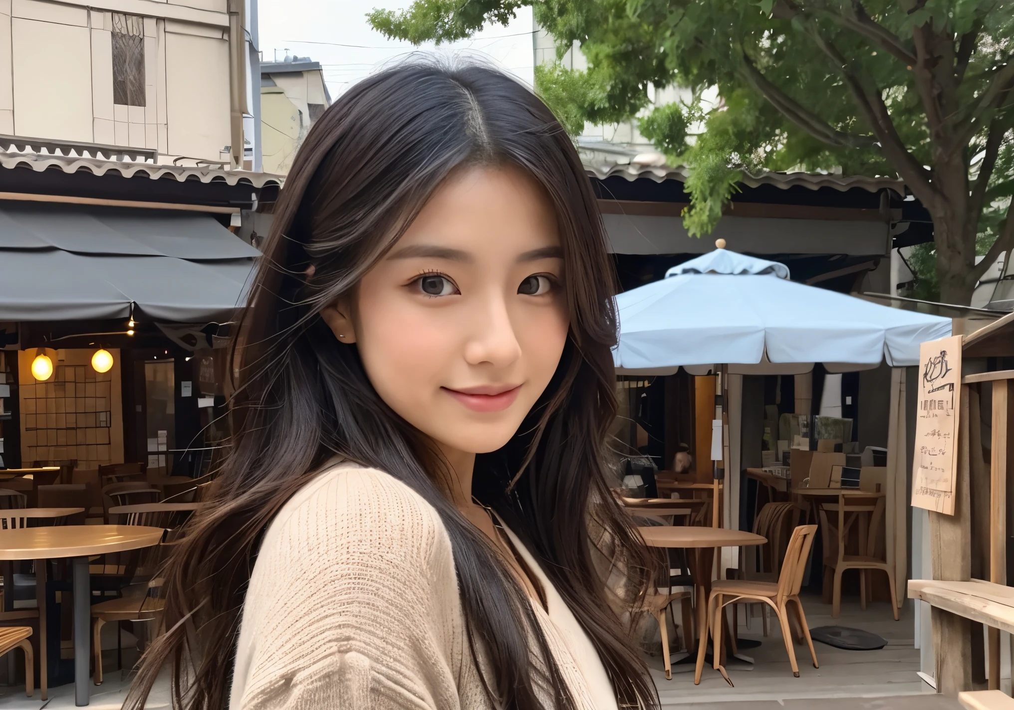 ((Highest quality)), ((masterpiece)), (detailed),Perfect Face,Japanese,Beauty,cute,Upper Body、29-year-old、Black Hair、Long Hair、Cafe Terrace、Cool clothes、LOL