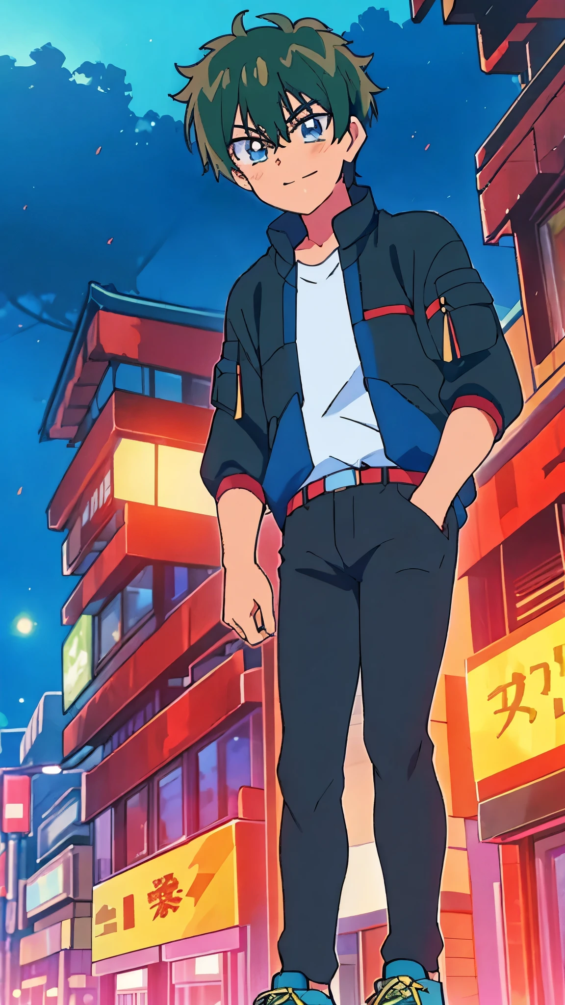 Maxwell Shifuto, teenage boy, straight green hair, blue eyes, red t-shirt, black jacket, black jeans, blue and white sports shoes, smile, handsome, background in the city of Tokyo at night when the wild motorbike race starts.