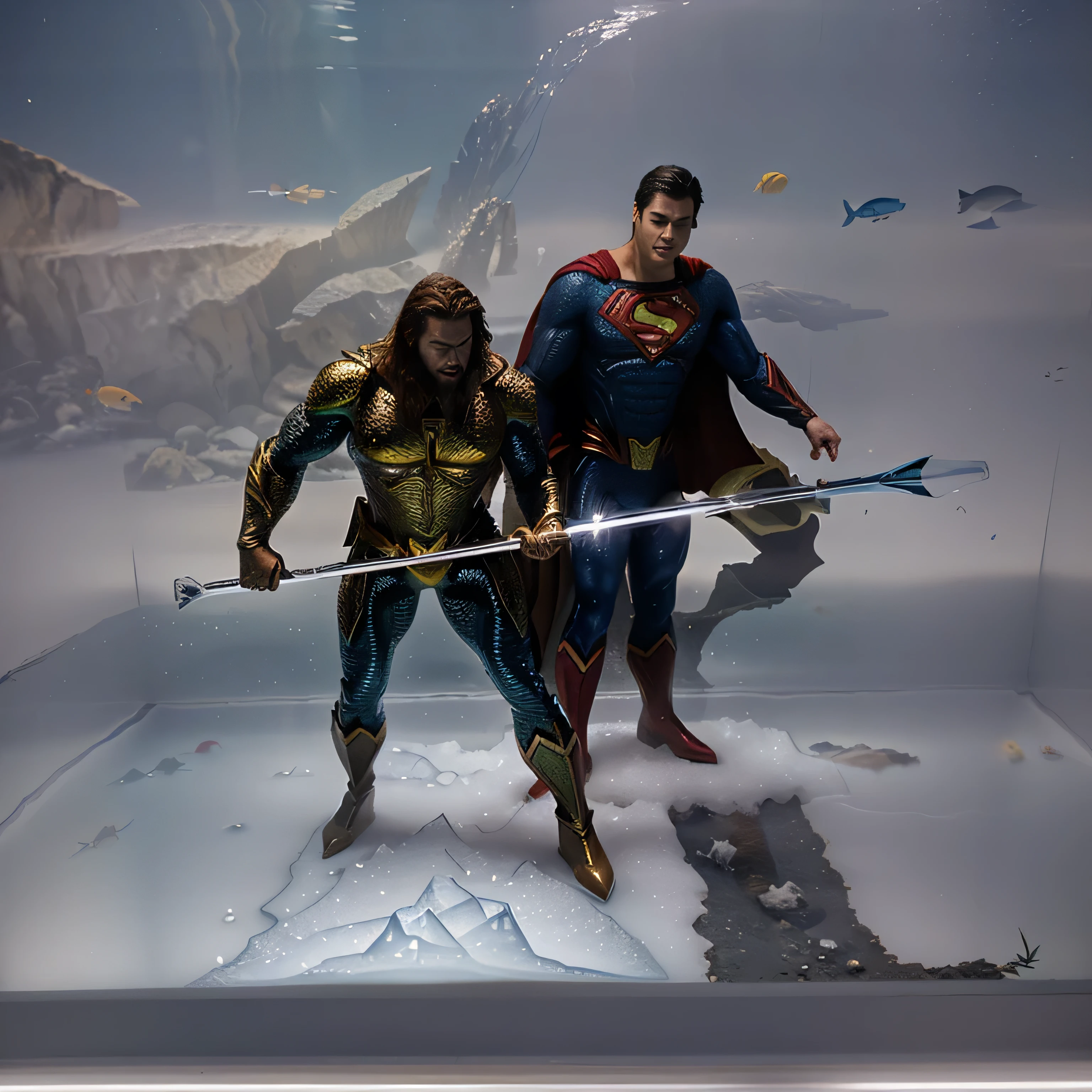 Aquaman and Superman in a setting of water, ice, glass, aquarium.