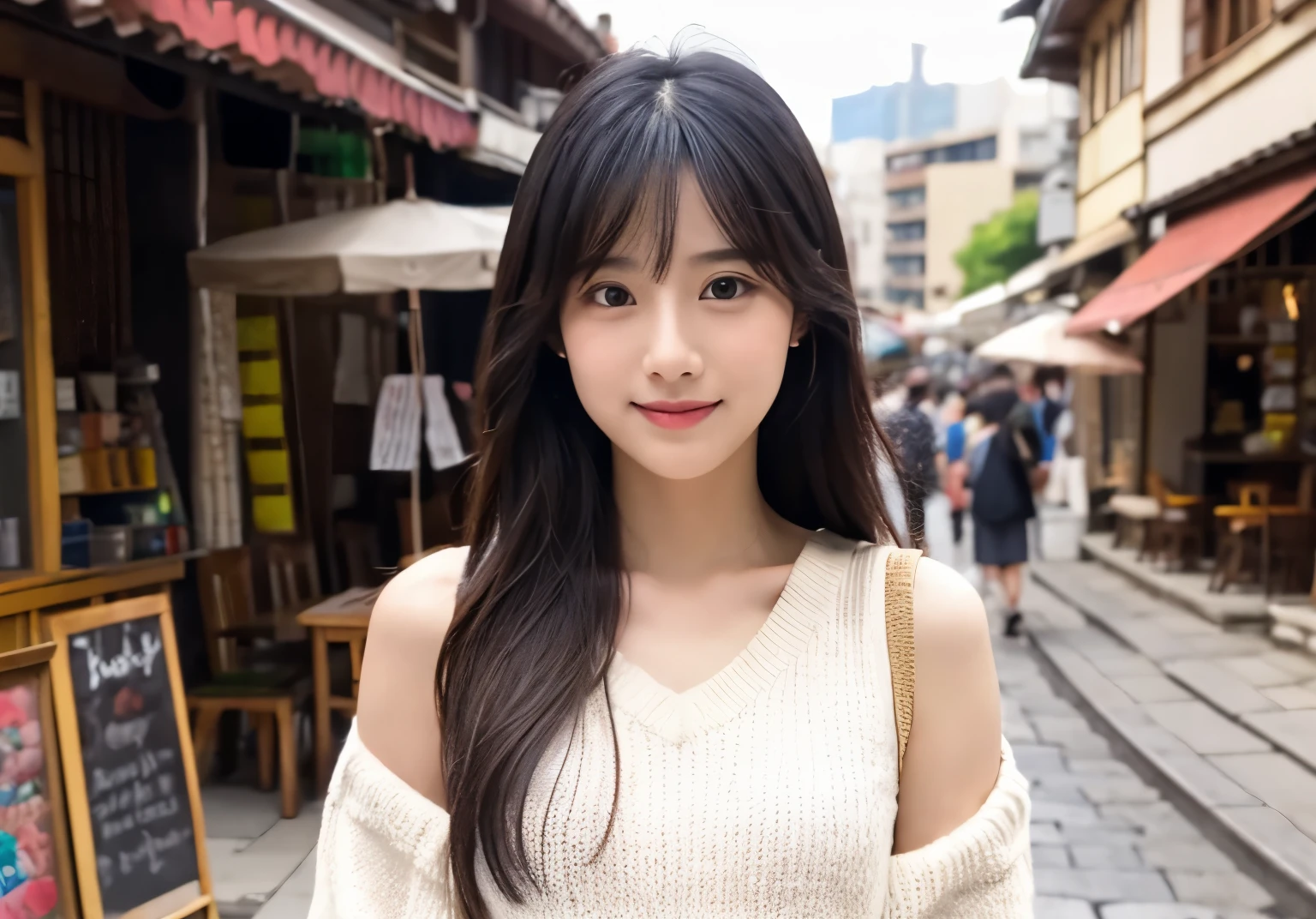 ((Highest quality)), ((masterpiece)), (detailed),Perfect Face,Japanese,Beauty,cute,Upper Body、29-year-old、Black Hair、Long Hair、Cafe Terrace、Cool clothes、LOL