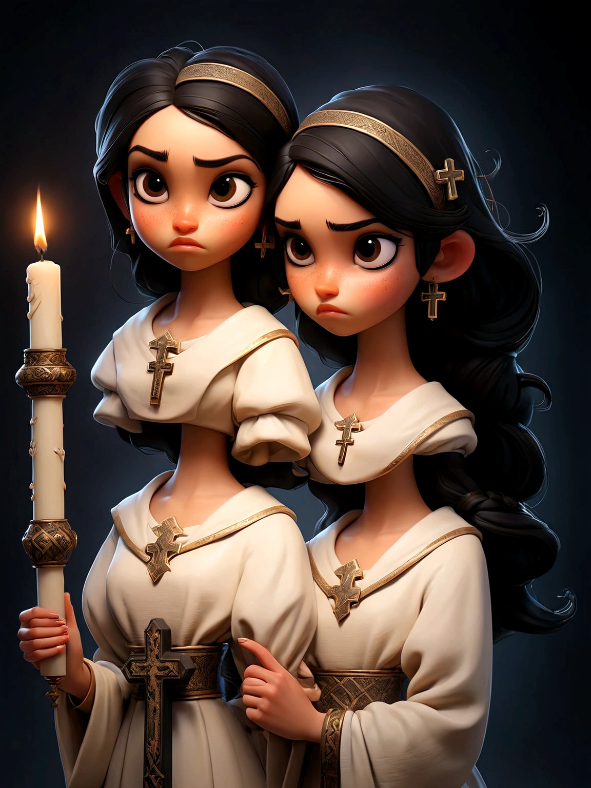 Two girls back to back, with black hair and confident look holding a candle and a cross