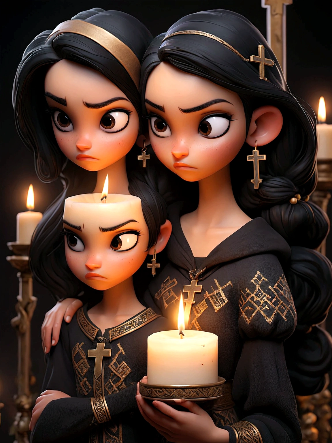 Two girls back to back, with black hair and confident look holding a candle and a cross