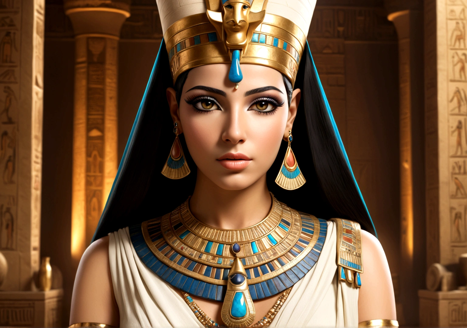 egyptian queen cleopatra, with classic crown, and luxurious Egyptian clothing, with jewelry. white skin color, de corpo inteiro, Egyptian makeup
