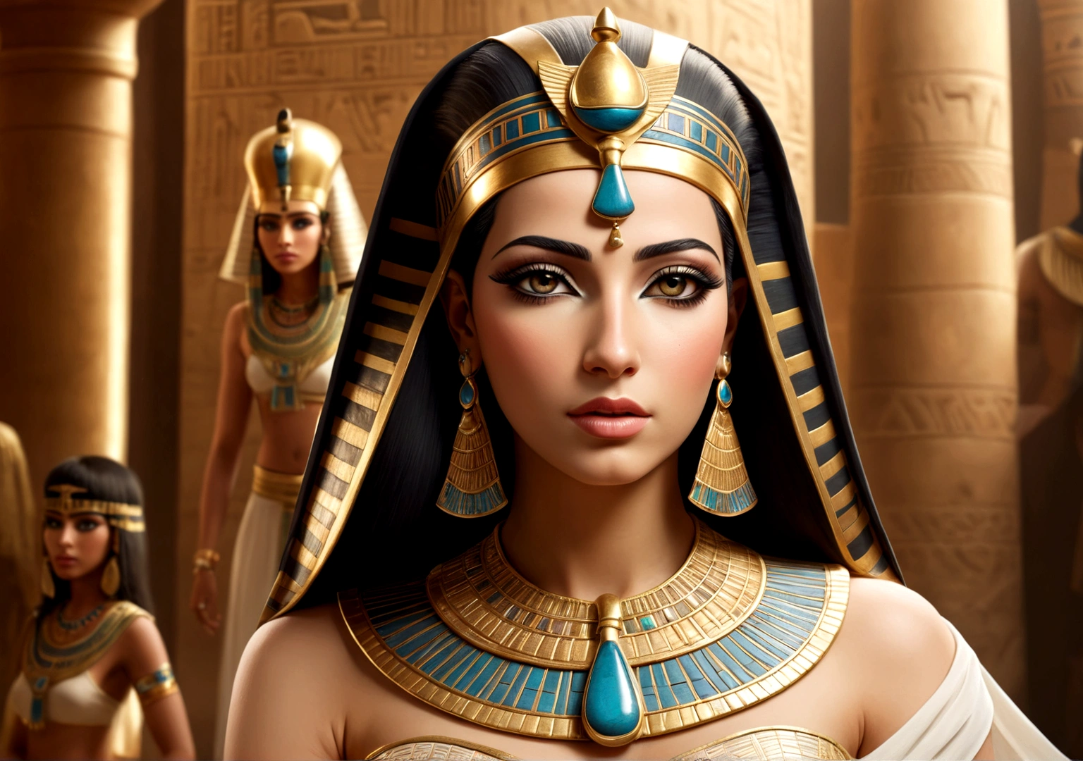 egyptian queen cleopatra, with classic crown, and luxurious Egyptian clothing, with jewelry. white skin color, de corpo inteiro, Egyptian makeup