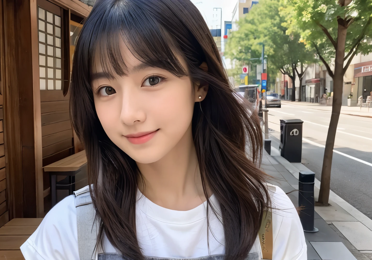 ((Highest quality)), ((masterpiece)), (detailed),Perfect Face,Japanese,Beauty,cute,Upper Body、29-year-old、Black Hair、Long Hair、Cafe Terrace、Cool clothes、LOL