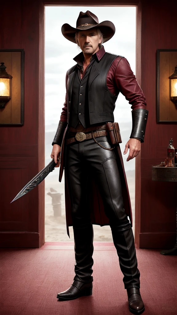 (Kevin Costner) as Erron Black from Mortal Kombat, maroon cowboy outfit, cowboy hat, 2 revolvers, 1man, solo, full body view, front view, looking at viewer, intricate, high detail, sharp focus, dramatic, photorealistic painting art by greg rutkowski