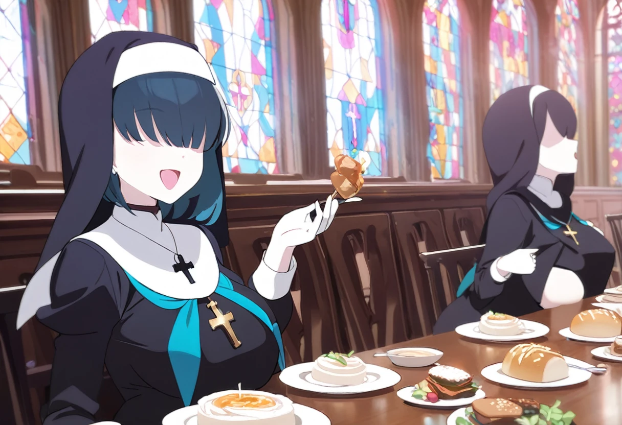 1girl, nun, cross, cross necklacke, jewelry, (black hair), (turquoise bangs), very short hair, hair over eyes, pale skin, medium breasts, turquoise eyes, black dress, church, smile, huge belly, eating meal, table, belly on table, (masterpiece), best quality, anime style