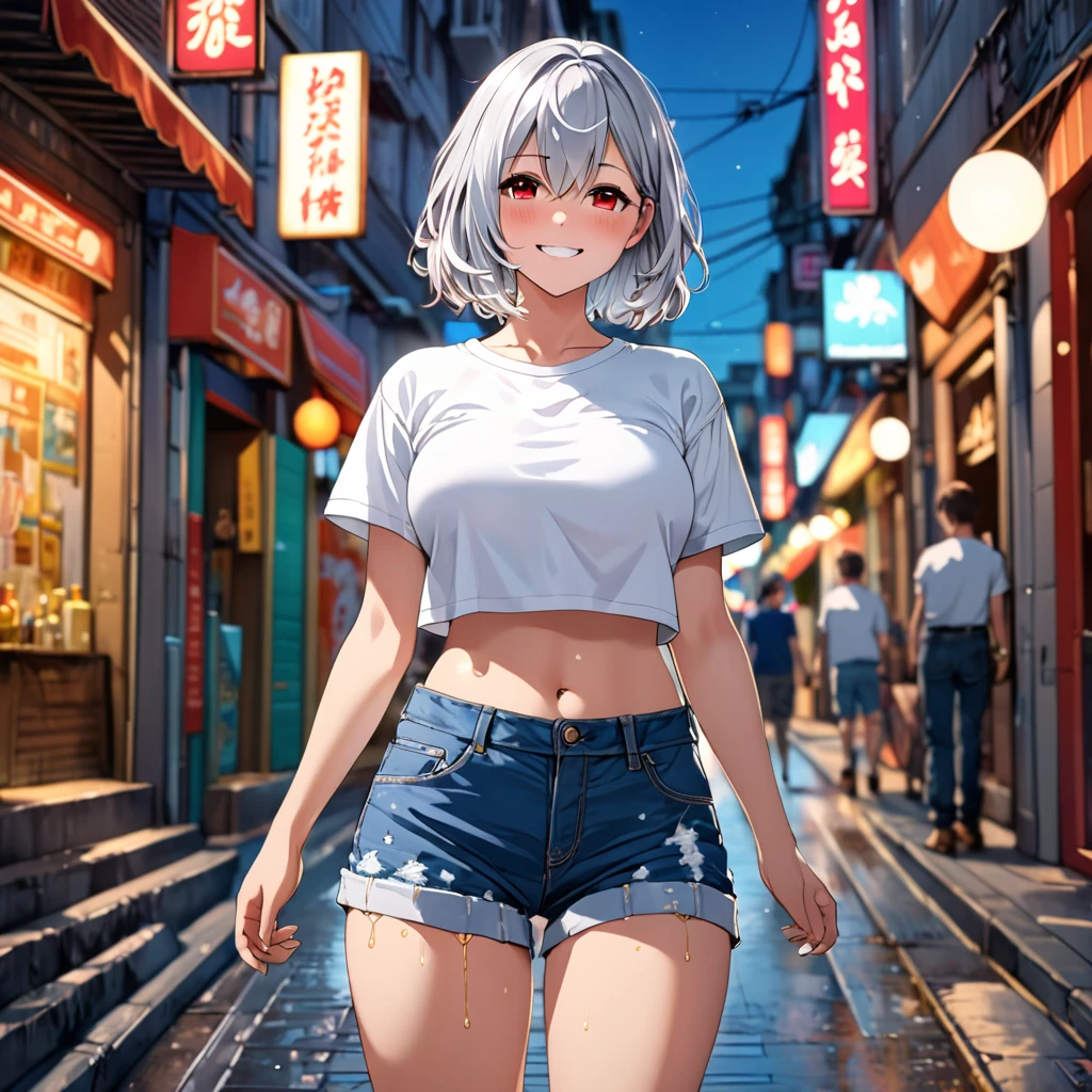 super fine illustration,vibrant colors, masterpiece, sharp focus, best quality, depth of field, cinematic lighting,ultra detailed,1girl,solo,white shirt,crop top,midriff,denim shorts,large breasts,medium hair,silver hair,red eyes,blush,smile,street,Peeing self, pee stain,diaper