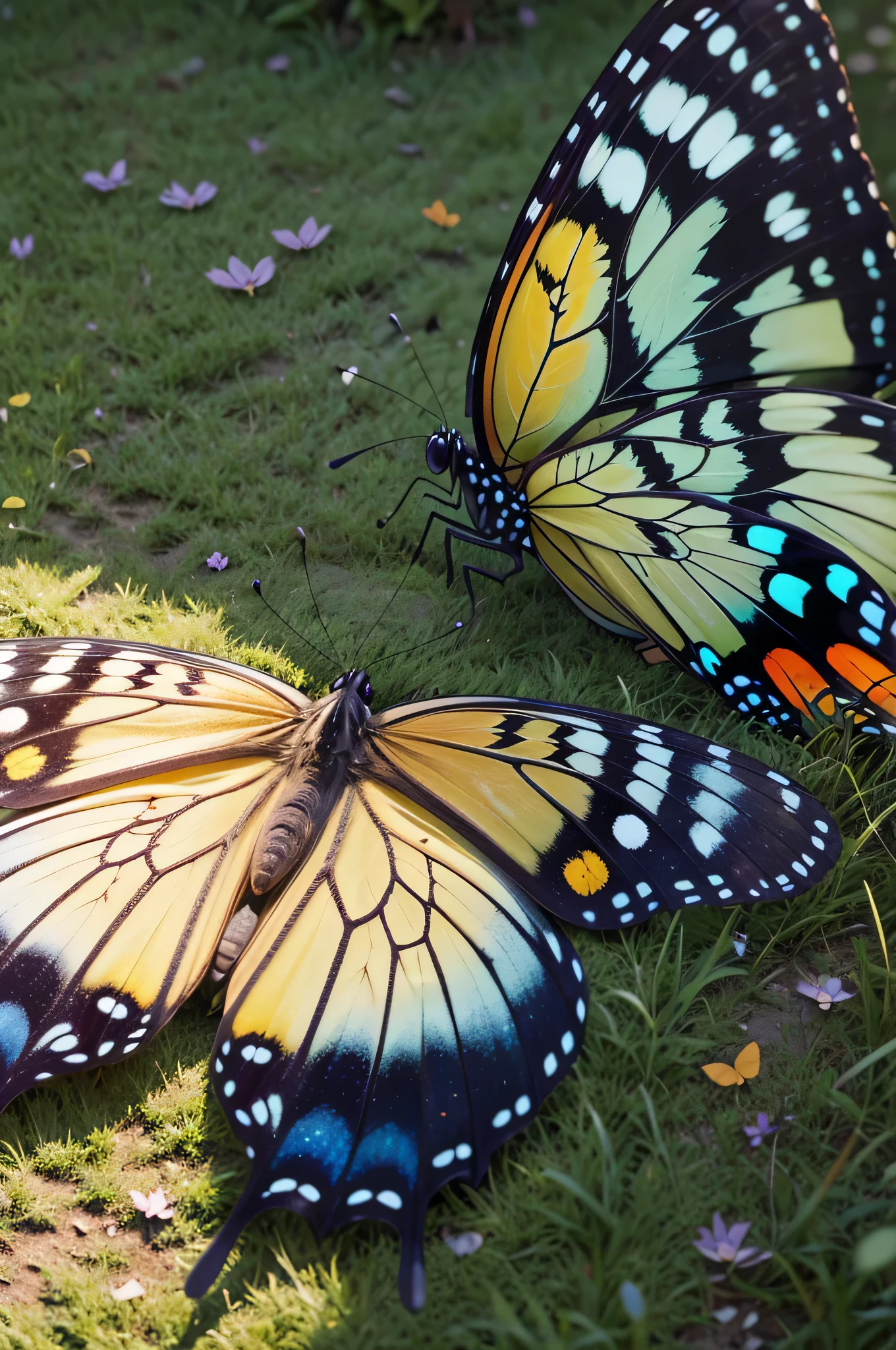 super detaill, High details, high qualiy, 8K, miyazaki style, make a butterfly in surrounding foliage and a lawn on the ground with stronger and lighter colors, high sharpness