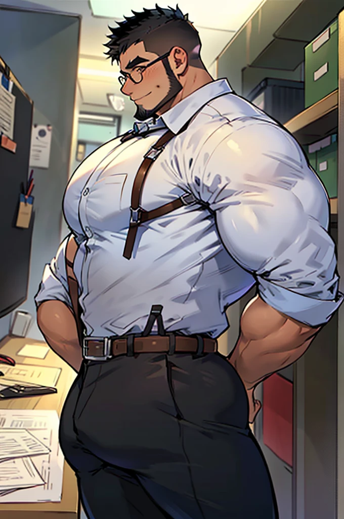 4k, masterpiece, high resolution:1.2, 1 man, solo, bara, muscular, big physique, crew cut hair, facial hair, chest, wide shoulder, biceps, thighs, triceps, butt, black hair, cute smile, friendly, standing in an office, wearing formal trousers, wearing formal stripes pattern office shirt, wearing glasses, upstairs office in the background, ultra detailed, shredded muscle, flat style (((wearing harness))) (((view from the side, thick huge ass)))