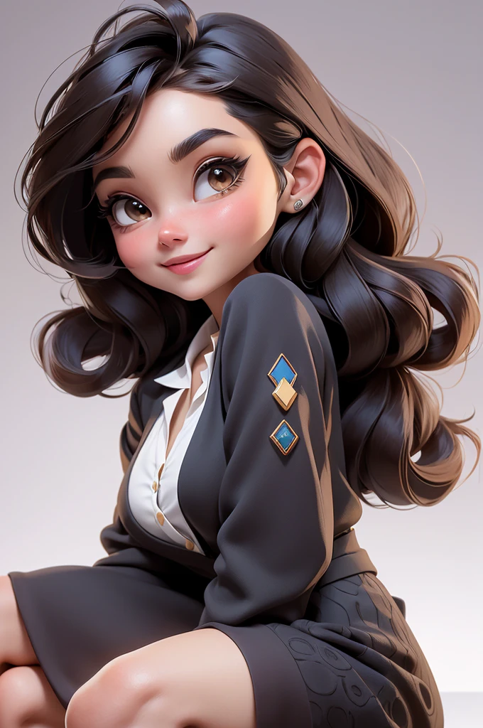 work of art, best qualityer, 8K, offcial art, cinematic light, ultra high resolution,A smiling woman with an oval face and slightly high cheekbones. Your skin is clear and even. She has an open smile, showing white teeth, with a friendly and happy face. Her eyes are light brown, grandes e expressivos, with remarkable eyelashes. Your eyebrows are dark brown, Well defined and arched. The nose is small and slightly upturned, and the lips are medium in size with a discreet pinkish lipstick.
Her hair is light brown, voluminous and wavy, falling over the shoulders and back, with bangs thrown to the left side, creating a voluminous and natural look. She wears a black blouse with a round neckline., which has a small triangular cutout in the chest area, and a light beige cardigan made of light fabric, open at the front and with long sleeves. Her skirt is black with a discreet white pattern., possibly floral or geometric. She wears a blue badge around her neck with the word "box", attached to a blue ribbon with the same logo. No jewelry visible, maintaining a simple and professional look.
She is squatting or semi-sitting, slightly leaning forward, with hands resting on legs. The background must include a digital panel with the word "ATACADA DA box" in large, visible letters, in addition to a technological graphic design with dark tones and bright lines, suggesting a professional and technological environment.
The character must have large, expressive eyes, typical of the Pixar style, voluminous and detailed hair with well-defined waves, and a striking and friendly smile. The color palette must be vibrant and the details of the clothing and badge faithfully represented. The background panel must have a stylized graphic design, keeping the corporate and technological theme.