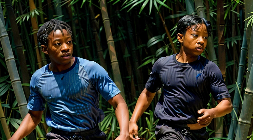 Blue Morph Image - butterfly flying next to a black ager, 12 y wearing a dark gray long-sleeved shirt with no pattern - short curly hair - long pants, straw sandals, - looking in profile in the bamboo grove, running backwards alone on the trail - Image of butterflies Blue Morph - butterfly flying next to a running teenager - bamborest