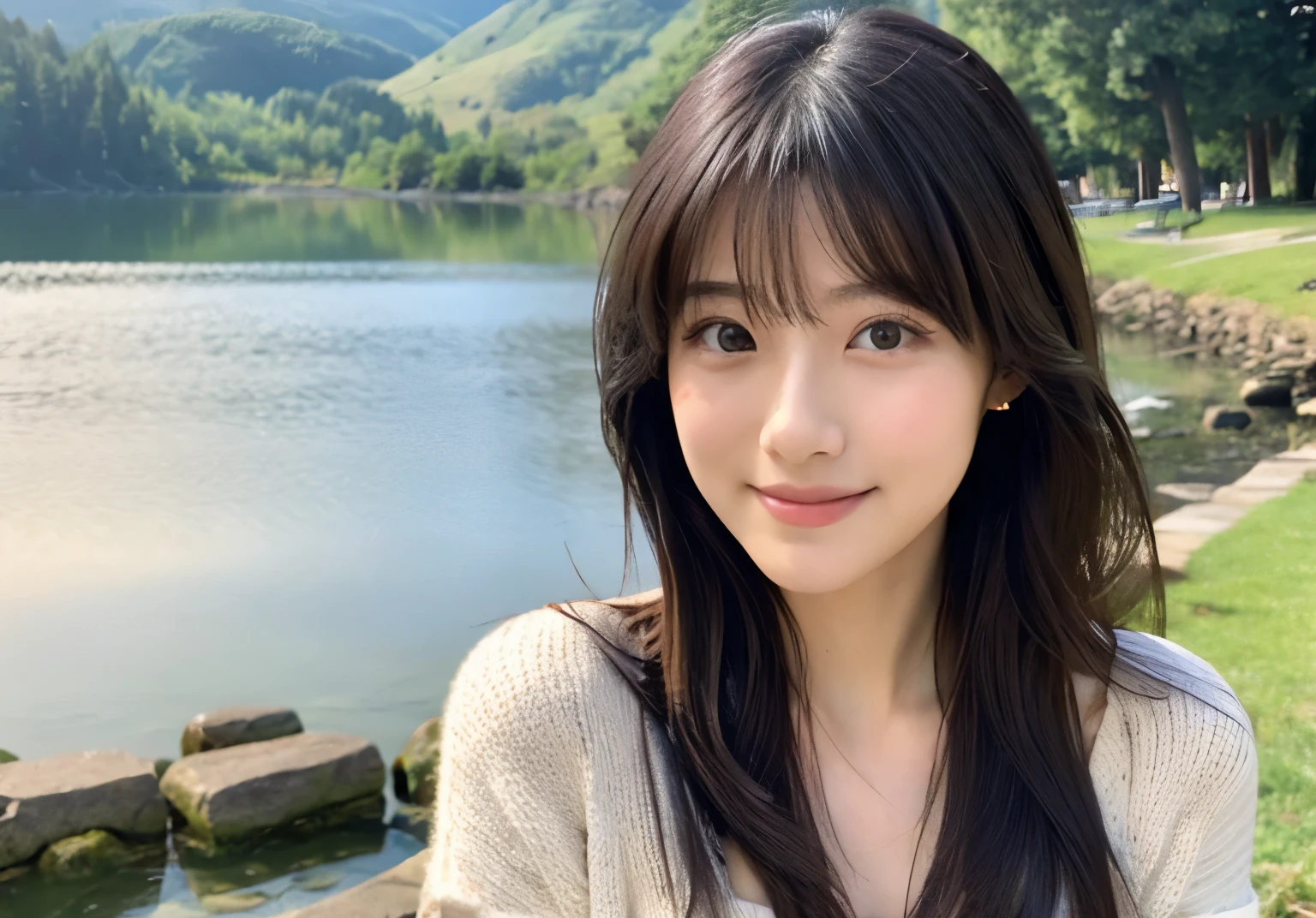 ((Highest quality)), ((masterpiece)), (detailed),Perfect Face,Japanese,landscape,Beauty,cute,Upper Body、29-year-old、Black Hair、Long Hair