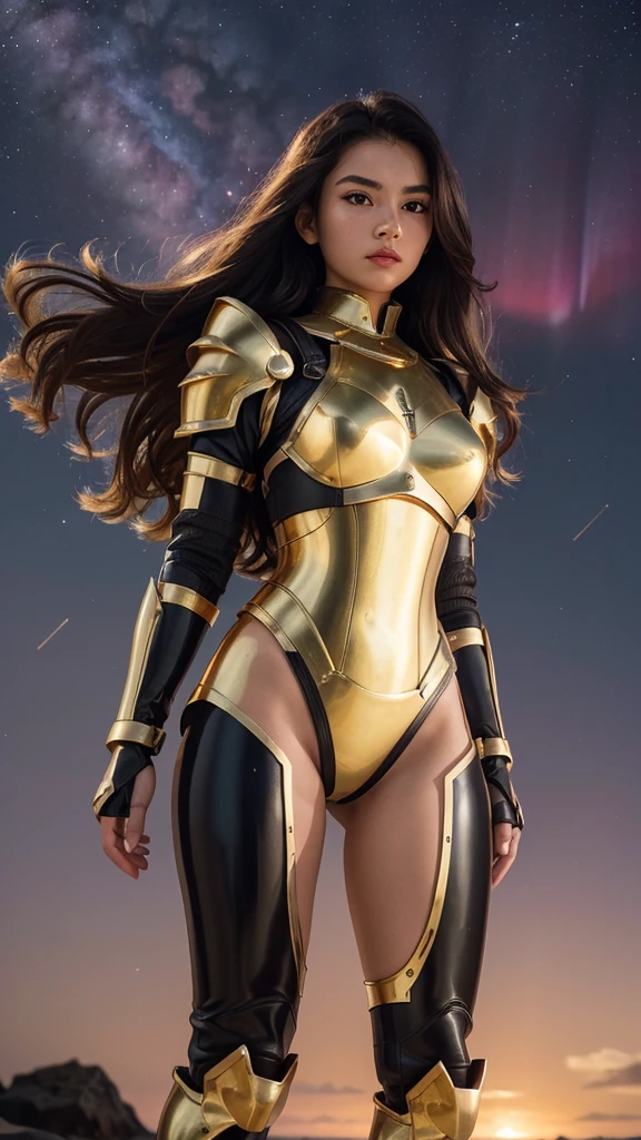 (best quality)), ((masterpiece)), (ultra detailed), ((full body shot)), indonesian girl, extremely beautiful, ultra face details, 20 years old, green curvy-hair, ((hair blown by strong winds :1.3)), Award-winning photograph, photography of a teen girl, slim face, extremely beautiful, ultra details armor, ultra details skin, sharp armor texture, crisp picture, ((full make ups)), ((pink blushing)), ((red lips)), ((wearing tight steel-armor)), ((full body armor)), ((tight latex panty)), ((thighs armor)), ((slim body shape)), (((24k-gold) and black armor)), no head cover, ((symmetrical body pose)), model posing in the middle, backlights, night at beach, full of stars, red clouds, nebula, ((aurora Borealis)), shooting stars, from below