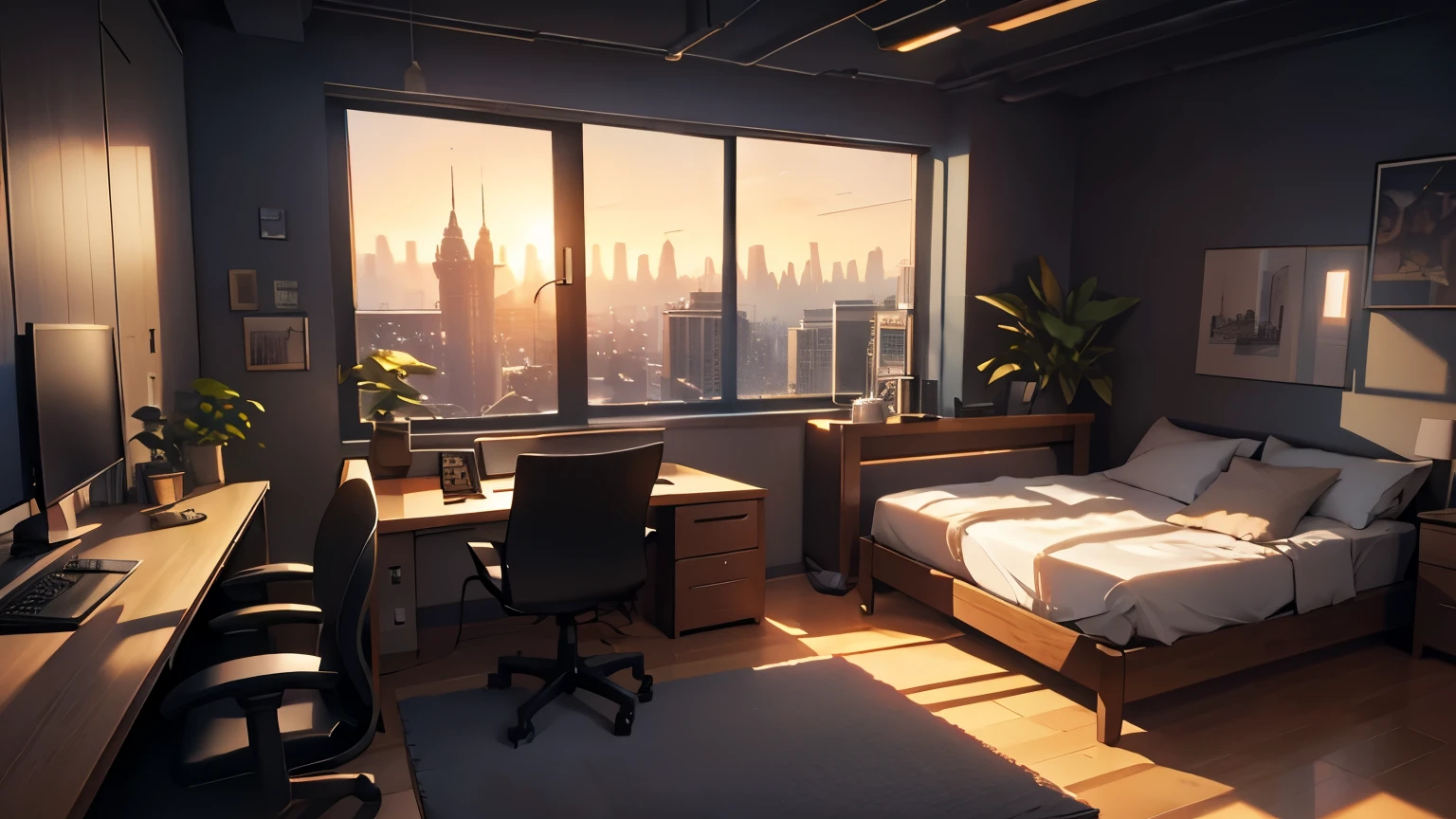 a beautiful (room) (interior), a large (window) overlooking a vibrant city at sunset, a cozy and inviting dark gaming environment with equipment, a bed with soft bedding, a desk with a powerful computer for gaming and multiple monitors, plants and decor elements, warm lighting, photorealistic, cinematic composition, highly detailed, 8k, best quality, digital art, concept art, dramatic lighting, moody atmosphere