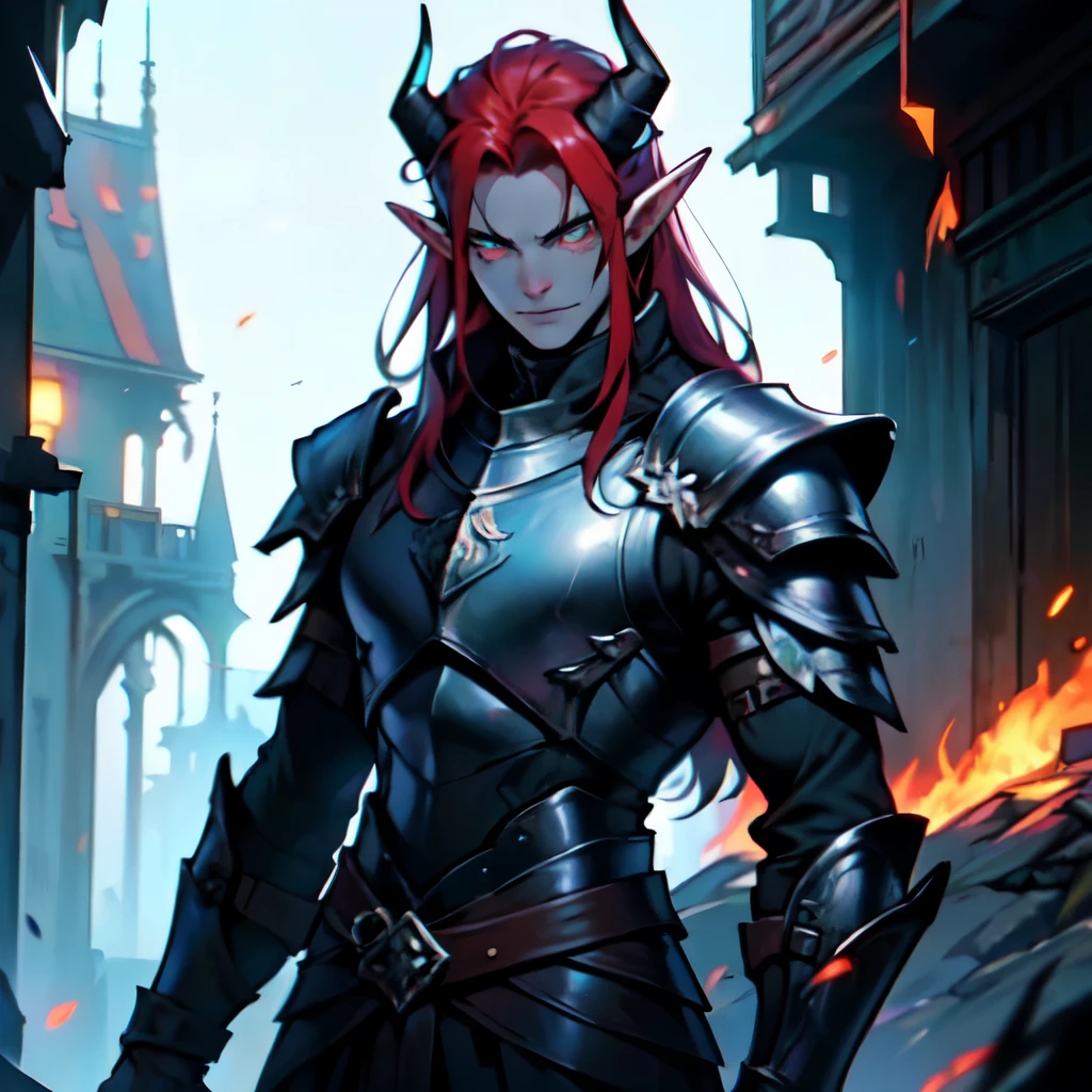 ((Masterpiece, best_quality)) 1_Male_elf_warrior, solo with a kind_expression. He has long_messy_maroon_hair and black_demon_horns_extend_from_forehead_sweeping_backwards. He has emerald_eyes and pointy_ears. pale_white_skin_with_heavy_scaring and a gaunt_face. He wears an ebony_steel_breastplate with ebony_steel_pauldrons alongside ebony_steel_gauntlets and ebony_steel_greaves. He stands in a dark_ancient_ruin with no light. upper_body, high_detail
