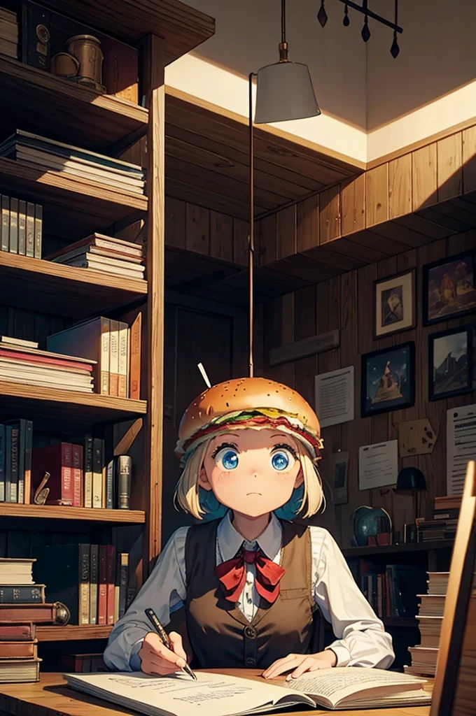 Create an image of a giant burger with human limbs, elegantly writing on a piece of paper with a quill and ink in a workshop. The giant burger should have a serious, focused expression. Surrounding it, there are many smaller burgers with human limbs, each one reading papers intently. The workshop should have a cozy, studious atmosphere, with wooden desks, shelves filled with books, and warm lighting.
