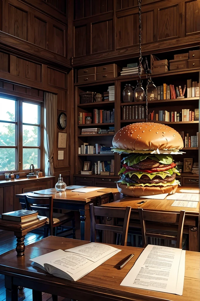 Create an image of a giant burger with human limbs, elegantly writing on a piece of paper with a quill and ink in a workshop. The giant burger should have a serious, focused expression. Surrounding it, there are many smaller burgers with human limbs, each one reading papers intently. The workshop should have a cozy, studious atmosphere, with wooden desks, shelves filled with books, and warm lighting.
