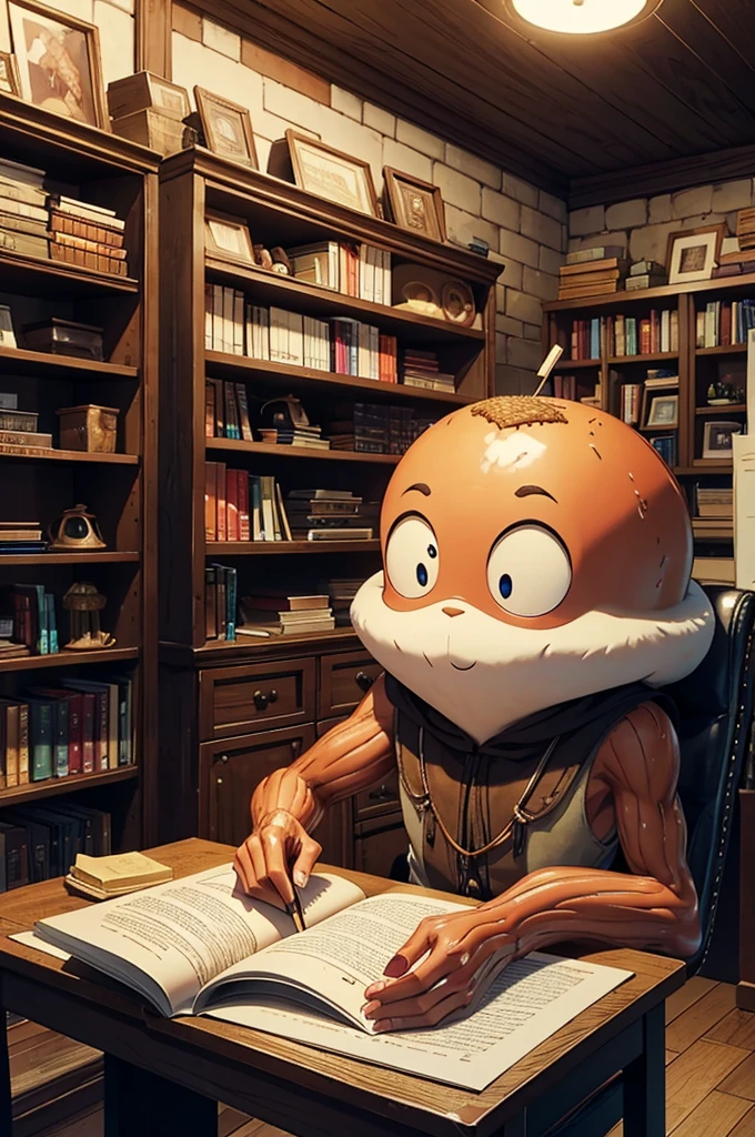 Create an image of a giant burger with human limbs, elegantly writing on a piece of paper with a quill and ink in a workshop. The giant burger should have a serious, focused expression. Surrounding it, there are many smaller burgers with human limbs, each one reading papers intently. The workshop should have a cozy, studious atmosphere, with wooden desks, shelves filled with books, and warm lighting.
