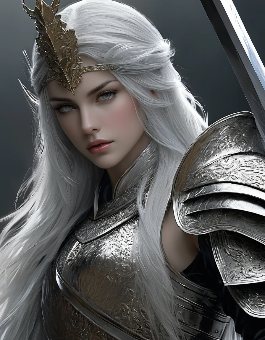 (Highest quality,4K,8K,High resolution,masterpiece:1.2),Super detailed,(Realistic,photoRealistic,photo-Realistic:1.37),In the style of Scarlett Hooft Grafland,Side view,剣のWarrior,Ink Art,Warrior,Graceful pose,Dramatic lighting,Black and White,Contrast,highly detailed incline,Delicate ink texture,Subtle ink shading,Ethereal atmosphere,unique configuration,Artistically crafted background,Graceful appearance,Intense expression,Flowing Hair,Sharp face,Emotional eyes,A commanding presence,Ceremonial Armor,Hold the sword accurately,A striking decorative element,Captivating aura,Strong gaze,Showing strengths and weaknesses,Sublime and fascinating art