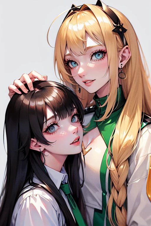 tall man,(man is taller than me woman) messy black-haired man wearing a , is a student, with his hands in his pockets. Man has green eyes., woman thin ,long blonde hair, woman has green eyes, cheerleader. best quality, adorable, ultra-detailed, illustration, complex, detailed, extremely detailed, detailed face, soft light, soft focus, perfect face. In love, illustration. two people, couple,