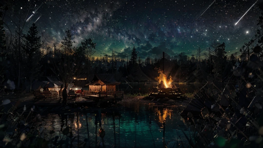 A close-up view of a lively Vistani camp by Tser Lake from the Curse of Strahd. The scene shows Vistani people gathered closely around a warm, flickering campfire. Some are animatedly telling stories with expressive gestures, while others play guitars and various musical instruments. The colorful, ornate wagons are visible in the background. The atmosphere is vibrant and welcoming, filled with laughter and music. Shadows cast by the firelight create an enchanting and communal ambiance, with the dark, mysterious lake and dense forest softly illuminated in the background.