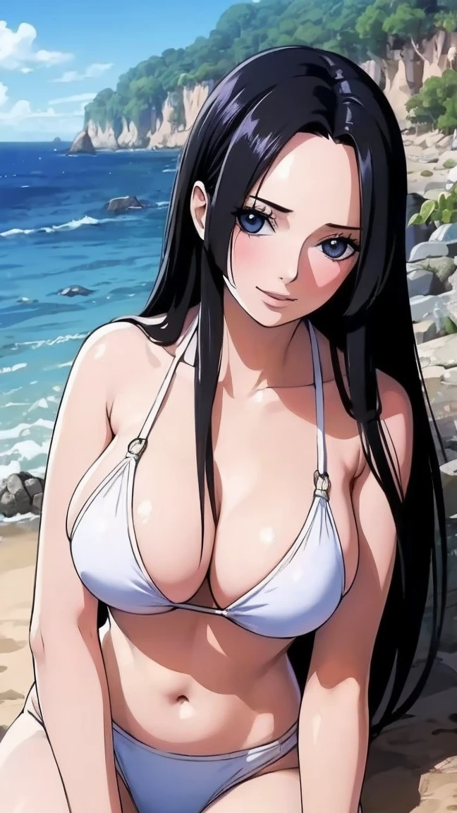 best quality, masterpiece, highly detailed,1girl, (detail light), Boa Hancock,, (masterpiece:1.5), Detailed Photo, Smiling,(8K, Photorealistic, Best Quality: 1.4), (1girl), Beautiful Face, (anime realistic Face), (Black Hair, long Hair: 1.3), Beautiful Hairstyle, Realistic eyes, beautiful detail eyes, (realistic skin), beautiful skin, absurd, attractive, ultra high resolution, ultra realistic, high definition, beach background, large breasts, white bikini